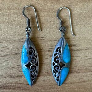 .925 Sterling Silver Filigree Earrings with Turquoise Inlay – Boho Vintage Style